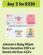 Game Johnson's Baby Wipes Extra Sensitive 336's Or Gentle All Over 432's-For 2 offer