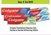 Game Colgate Toothpaste Regular, Gel, Herbal Or Herbal Whitening-For 5 x 100ml offer