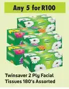 Game Twinsaver 2 Ply Facial Tissues Assorted-Forr 5 x 180's offer