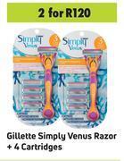 Game Gillette Simply Venus Razor + 4 Cartridges-For 2 offer