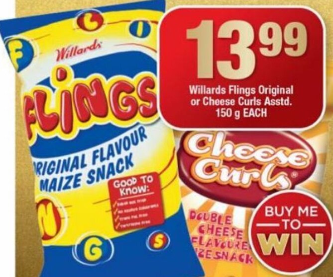 Willards Flings Original or Cheese Curls Asstd 150g offer at OK Foods