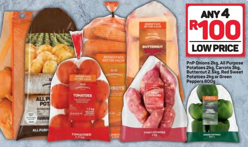 PnP Onions 2kg, All Purpose Potatoes 2kg, Carrots 3kg, Butternut 2,5kg