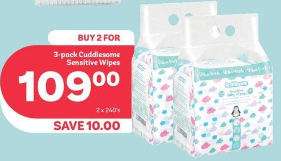 3Pack Cuddlesome Sensitive Wipes 2 x 240's offer at PEP