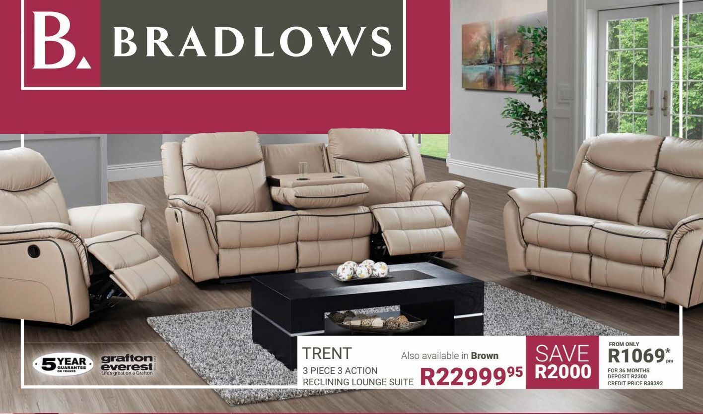 Trent 3 piece action reclining lounge suite offer at Bradlows