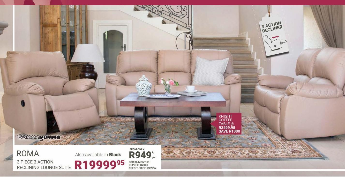 Roma 3 piece 3 action reclining lounge suite offer at Bradlows