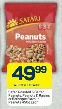 Pick n Pay Safari Roasted & Salted Peanuts, Peanuts & Raisins or Barbeque Flavour Peanuts 450g offer