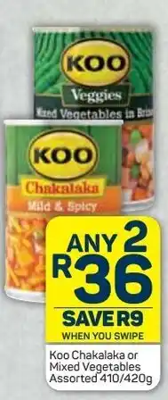Pick n Pay Koo Chakalaka or Mixed Vegetables Assorted 2 x  410/420g offer