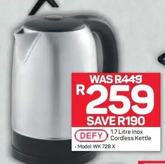 Pick n Pay Defy 1.7 Litre Inox Cordles Kettle offer