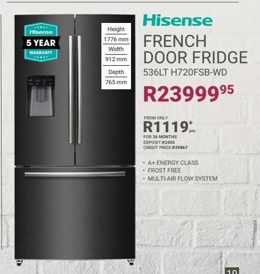 Hisense french door fridge 536lt h720fsbwd offer at Bradlows