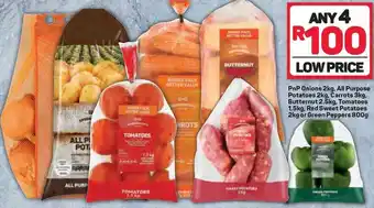 Pick n Pay PnP Onions 2kg, All Purpose Potatoes 2kg, Carrots 3kg, Butternuts 2,5kg, Tomatoes 1,5g, Red Sweet Potatoes 2kg offer