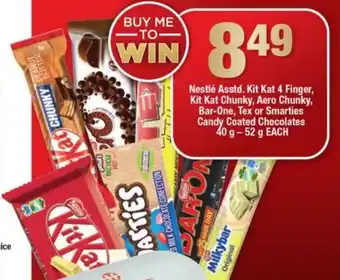 Kit Kat 4 Finger/Chunky, Aero chunky, Bar-One, Tex or Smarties Candy Coated Chocolates 40g- 52g