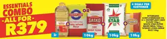 Ritebrand Sunflower Oil 2L + Snowflake Cake Flour 10kg + White Star Super Maize Meal 10kg + Spekko Long Grain Rice 10kg