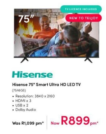 Teljoy Hisense 75" Smart Ultra HD LED TV offer