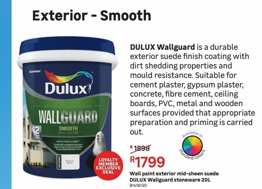 Wall paint exterior midsheen suede dulux wallguard stoneware 20l offer