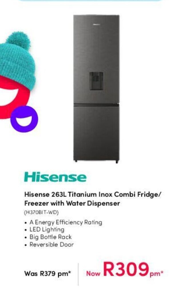 Hisense 263L Titanium Inox Combi Fridge / Freezer with Water Dispenser