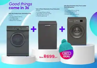 Teljoy Defy 5kg Tumble Dryer + 13 Place Dishwasher + 6kg Front Loader Washing Machine Manhattan Grey offer