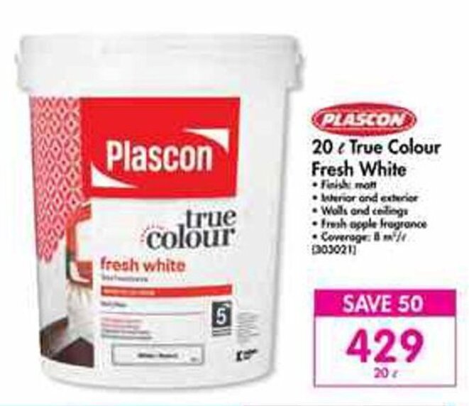 Plascon 20L True Colour Fresh White offer at Makro