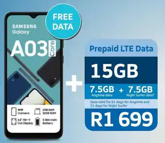 Pick n Pay Samsung Galaxy A03 Core + Prepaid LTE Data 15GB offer