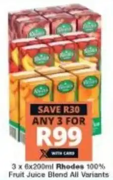 Checkers Rhodes 100% Fruit Juice Blend All Variants 3 x 6 x 200ml offer