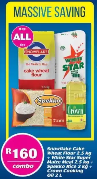 Combo Snowflake Cake Wheat Flour 2.5kg + White Star Super Maize Meal 2.5kg + Spekko rice 2kg + Crown Cooking Oil 2L