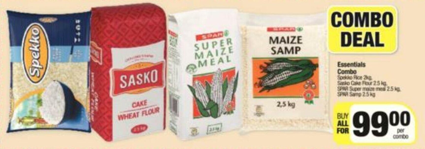 Essentials Combo Spekko Rice 2kg, Sasko Cake Flour 2.5kg, Spar Super ...