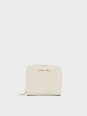 Croc-effect small zip-around wallet - cream