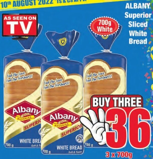 Albany Superior Sliced White Bread 3 x 700g offer at Boxer Superstores