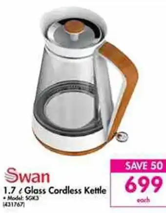 Makro Swan 1.7L Glass Cordless Kettle offer