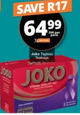 Checkers Joko Tagless Teabags 200 per Pack offer