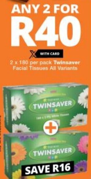 Twinsaver Facial Tissues All Variants 2 x 180 per Pack