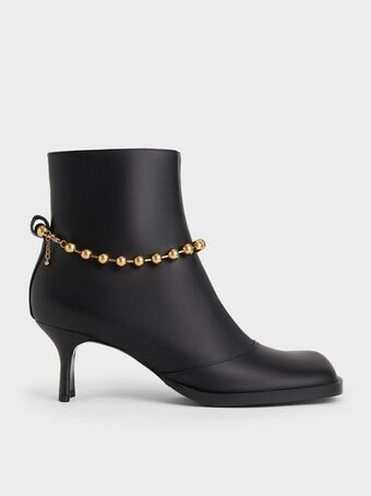 Charles & Keith Beaded-link leather ankle boots - black offer