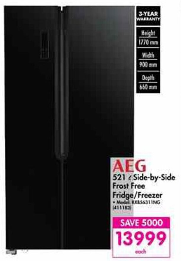 AEG 521L Sidebyside Frost Free Fridge / Freezer offer at Makro