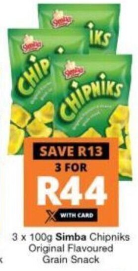 Checkers 3 x 100g Simba Chipniks Original Flavoured Grain Snack offer