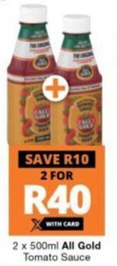 Checkers 2 x 500ml All Gold Tomato Sauce offer