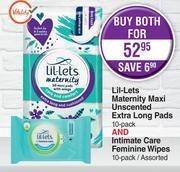 Dis-Chem Lil-Lets Maxi Unscented Extra Long Pads 10 Pack And Intimate Care Feminine/Wipes 10 Pack-For Both offer