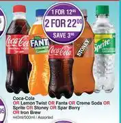 Dis-Chem Coca Cola Or Lemon Twist Or Fanta Or Creme Soda/Sprite Or Stoney/Spar Berry Or Iron Brew-440ml/500ml offer