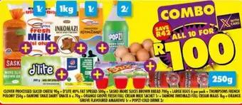 Shoprite Clover Processed Sliced Cheese 90g + D' Lite 40% Fat Spread 500g+ Sasko More Slices Brown Bread 700g+ Large Eggs 6 per Pack offer