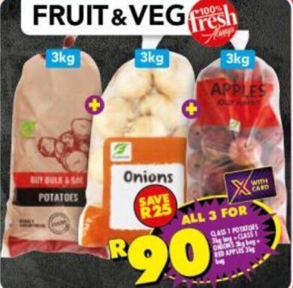 Class 1 Potatoes 3kg bag + Onions 3kg Bag + Apples 3kg Bag offer at