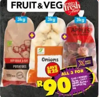 Shoprite Class 1 Potatoes 3kg bag + Onions 3kg Bag + Apples 3kg Bag offer