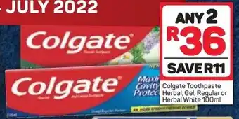 Pick n Pay Colgate Toothpaste Herbal Gel/White or Regular 2 x 100ml offer