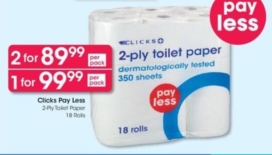 Clicks Pay Less 2Ply Toilet Paper 18 rolls offer at Clicks