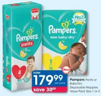 Clicks Pampers Pants or Baby Dry Disposable Nappies Value Pack offer