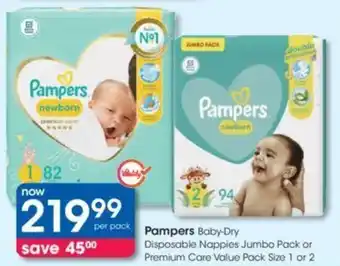 Clicks Pampers Baby Dry Disposable Nappies Jumbo Pack or Premium Care Value Pack offer