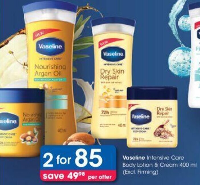 Vaseline Intensive Care Body Lotion & Cream 2 x 400ml offer at Clicks