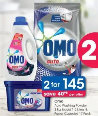 Clicks Omo Auto Washing Powder 2kg, Liquid 1.5L & Power Capsules 17-pack offer