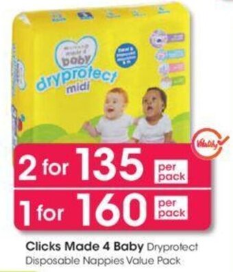 Clicks Clicks Made for Baby Dryprotect Disposable Nappies Value Pack offer