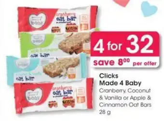 Clicks Clicks Made for Baby Cranberry, Coconut & Vanilla or Apple & Cinnamon Oat Bars 4 x 28g offer