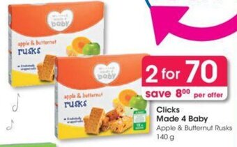 Clicks Clicks Made for Baby Apple & Butternut Rusks 2 x 140g offer