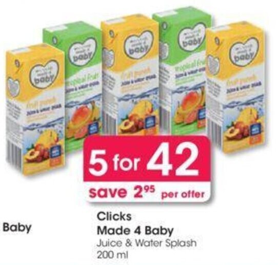 Clicks Made for Baby Juice & Water Splash 5 x 200ml offer at Clicks