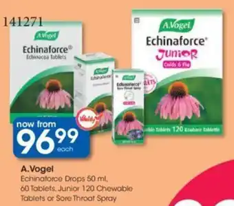 Clicks A. Vogel Echinaforce Drops 50ml, 60 Tablets, Junior 120 Chewable Tablets or Sore Throat Spray offer